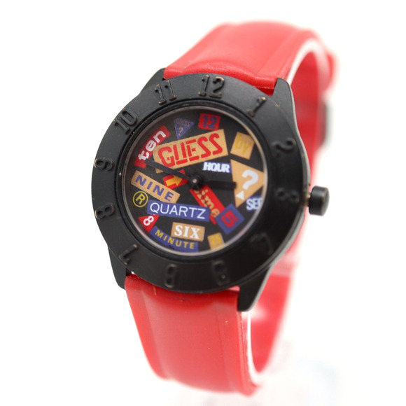 Vintage Guess Watch 30mm Women Retro Art Word Dial 1989 Red Strap w New Battery main image 12